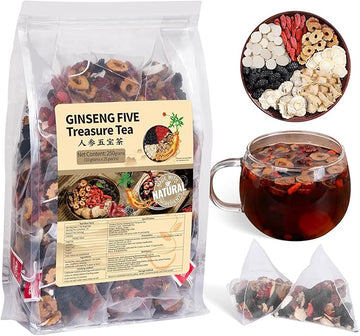 Ginseng Five Treasures Kidney Tea, Traditional Chinese Herbal Tea, Natural Organic Kidney Cleanse Detox Tea for Women & Men, 7 Precious Ingredients Formula