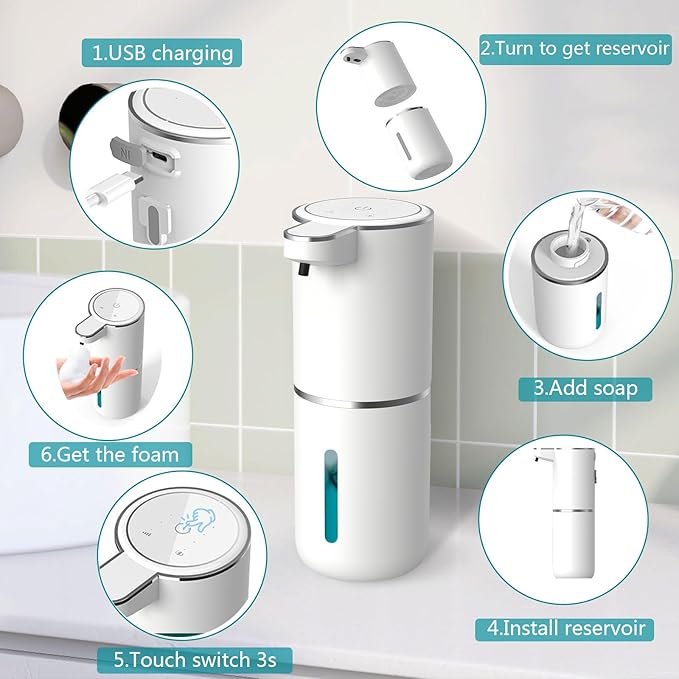 Automatic Soap Dispenser, USB Rechargeable with Infrared Motion Sensor for Bathroom, Kitchen, Office